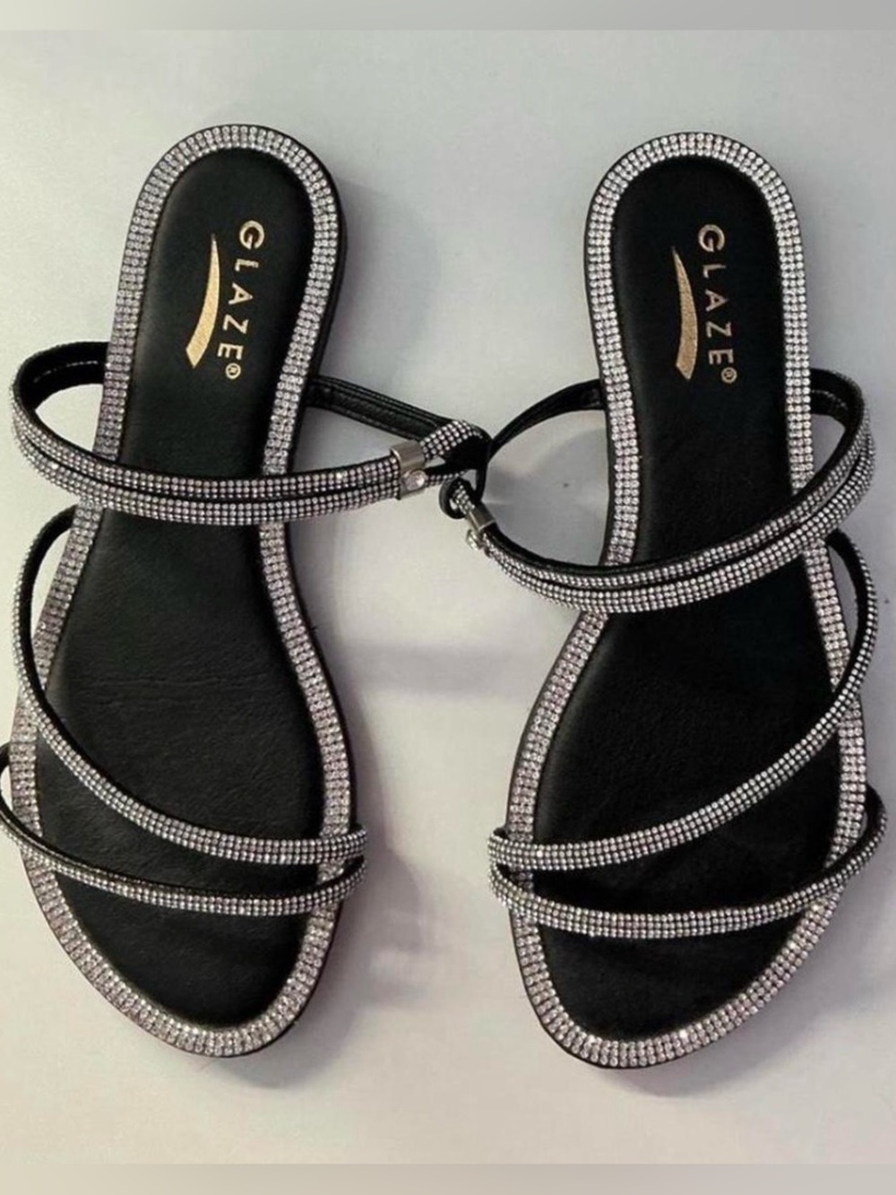 Glaze Black Rhinestone-Strap Women's Slide Sandals